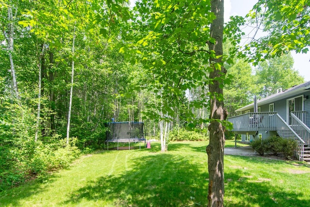 18885 Maryville Rd, Brainerd, MN 56401 - view of green lawn featuring a trampoline, a wooden deck, and stairway