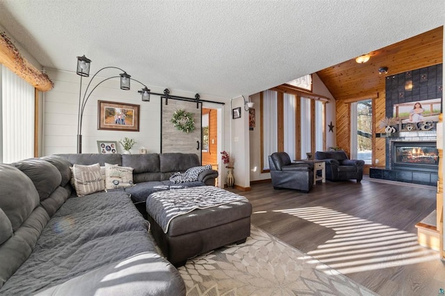 4463 Singkoffer Rd, Summit Twp, WI 54880 - living area with a barn door, wood finished floors, a fireplace, wood walls, and lofted ceiling