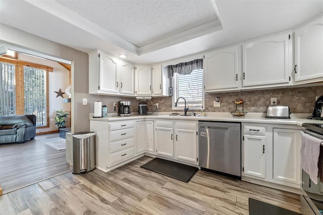 4463 Singkoffer Rd, Summit Twp, WI 54880 - kitchen featuring appliances with stainless steel finishes, a sink, a tray ceiling, ornamental molding, and white cabinets