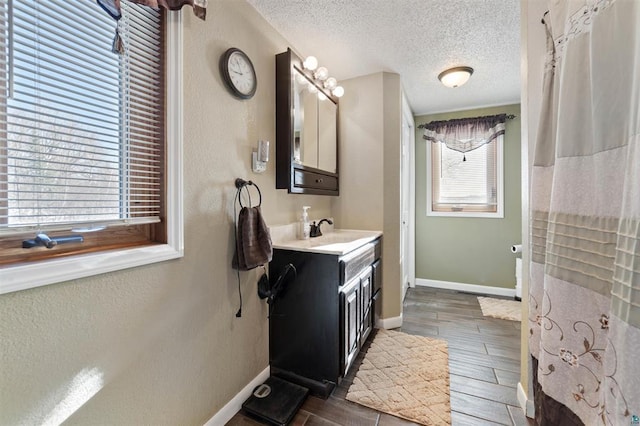 4463 Singkoffer Rd, Summit Twp, WI 54880 - full bath with vanity, a textured ceiling, wood finish floors, and baseboards