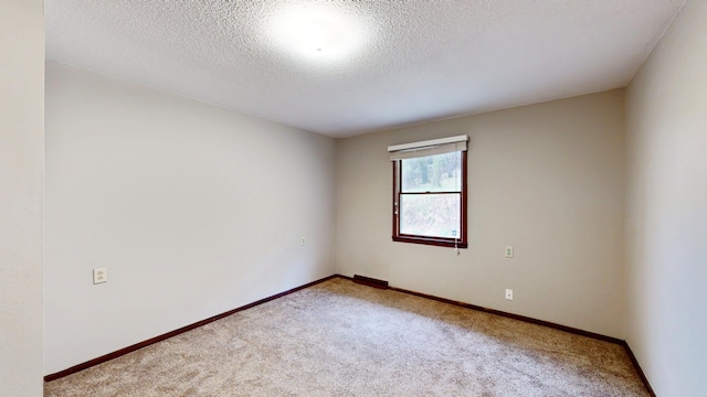 carpeted spare room featuring a textured ceiling and baseboards