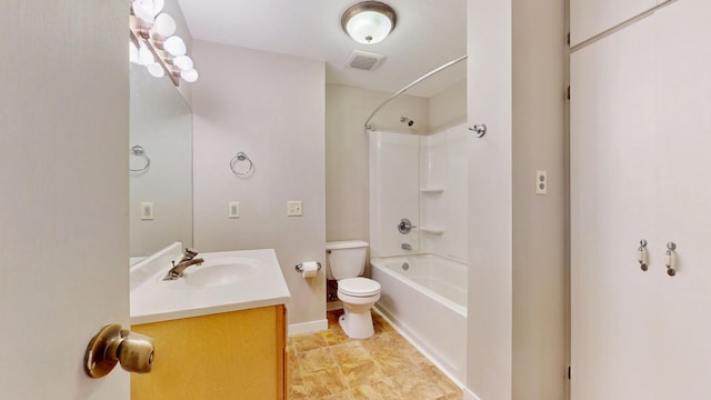 bathroom featuring visible vents, baseboards, toilet, vanity, and  shower combination