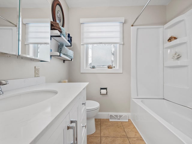 bathroom with visible vents, baseboards, toilet, vanity, and tile patterned flooring