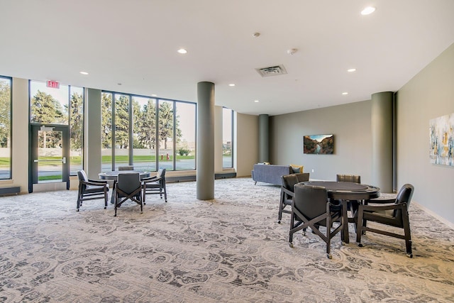dining area with visible vents, recessed lighting, and carpet
