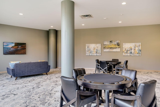recreation room featuring carpet flooring, decorative columns, recessed lighting, and visible vents