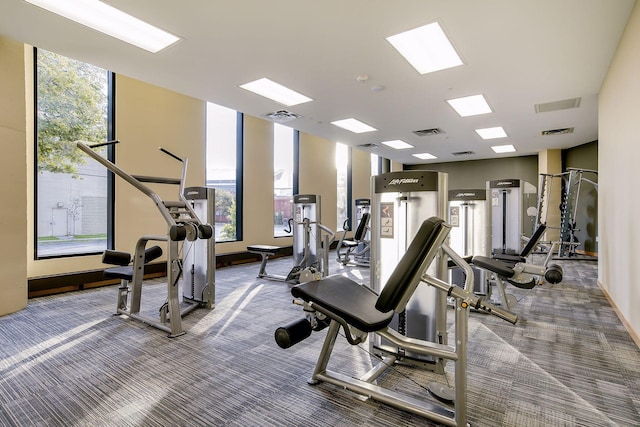 exercise room with carpet floors and visible vents