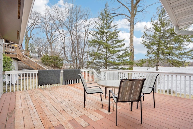 6224 Red Oak Rd, Mound, MN 55364 - wooden deck featuring stairway and outdoor dining area