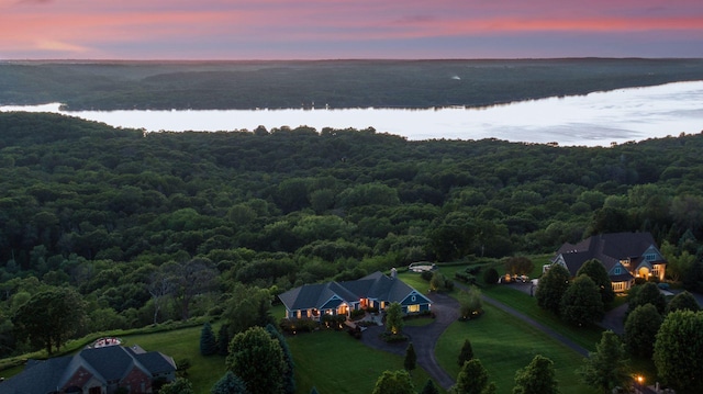 birds eye view of property with a water view and a wooded view