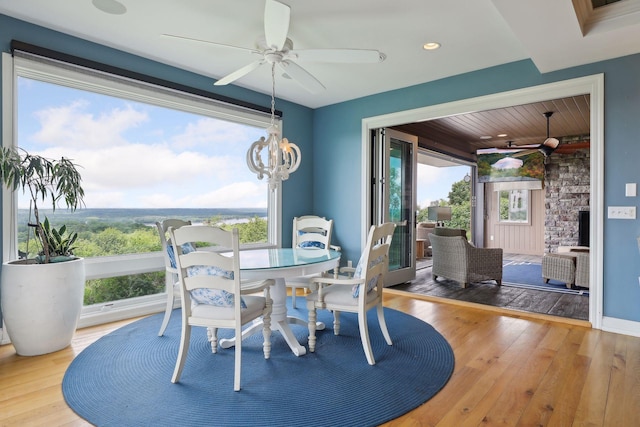 dining room featuring wood-type flooring, a ceiling fan, and a healthy amount of sunlight