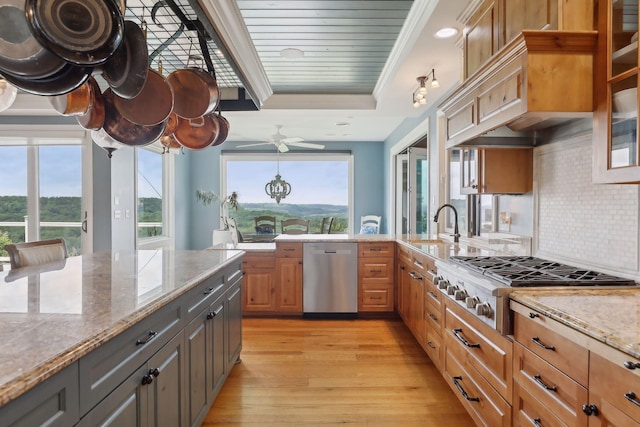 kitchen with light stone countertops, light wood-style floors, a raised ceiling, tasteful backsplash, and stainless steel appliances