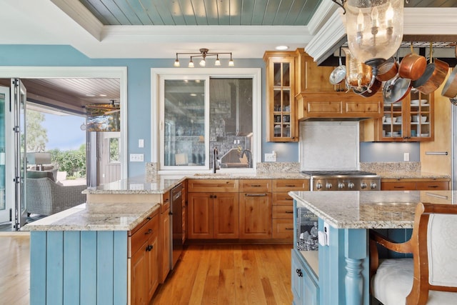 kitchen with crown molding, light wood-type flooring, a chandelier, and stainless steel appliances