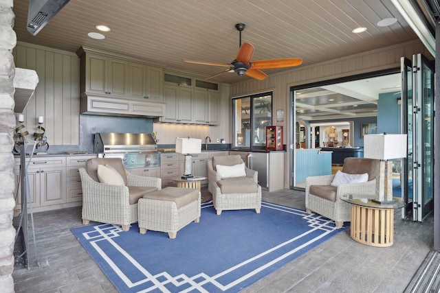 view of patio featuring area for grilling, a ceiling fan, a sink, and a grill