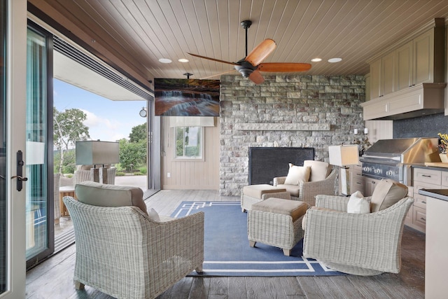 living room with recessed lighting, wood ceiling, ceiling fan, and wood finished floors