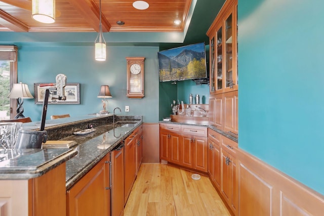 bar with a sink, wood ceiling, crown molding, and light wood finished floors
