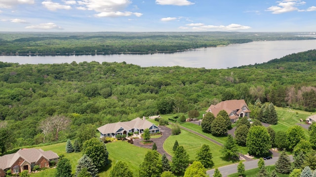 bird's eye view with a water view and a wooded view