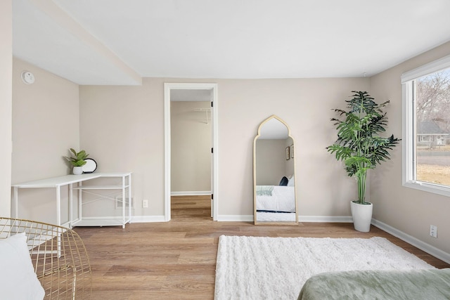living area with baseboards, a wealth of natural light, and wood finished floors