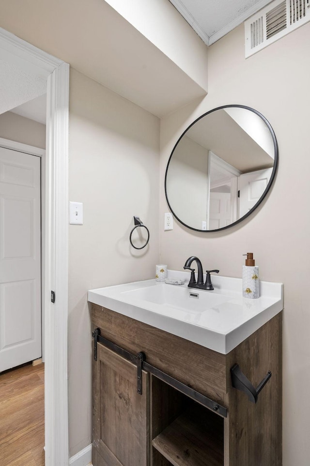 bathroom featuring wood finished floors, vanity, and visible vents