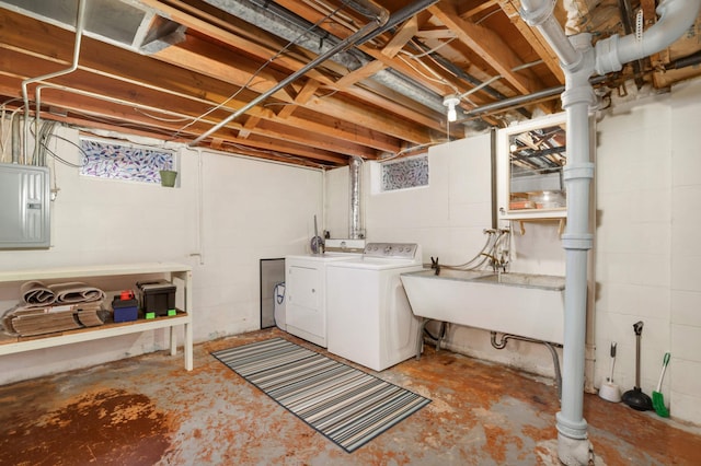 washroom featuring laundry area, washing machine and dryer, a sink, and electric panel