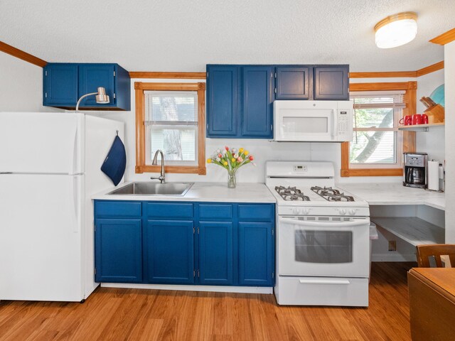 1321 Darling Dr NW, Alexandria, MN 56308 - kitchen with blue cabinetry, a sink, and white appliances