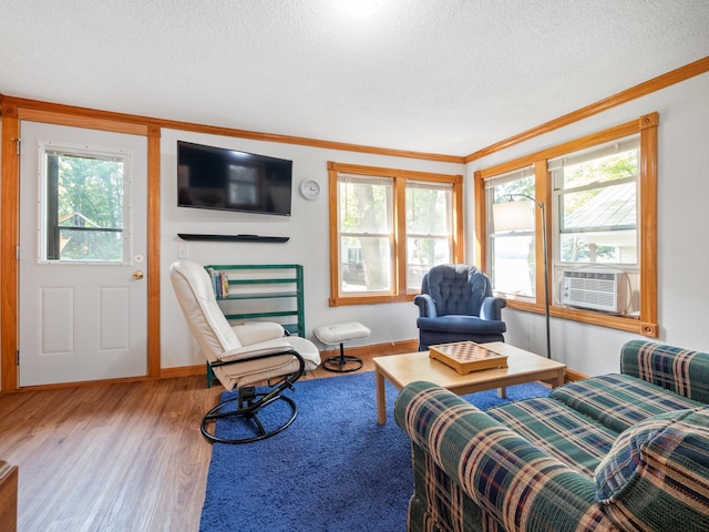 1321 Darling Dr NW, Alexandria, MN 56308 - living area featuring wood finished floors, a textured ceiling, crown molding, and plenty of natural light