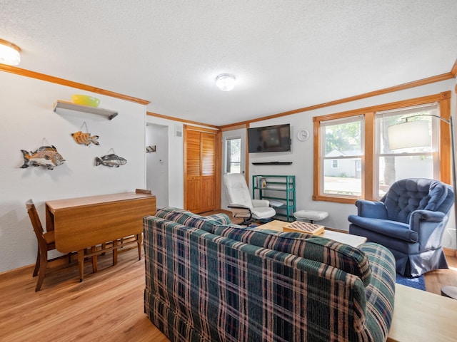 1321 Darling Dr NW, Alexandria, MN 56308 - living area with ornamental molding, a healthy amount of sunlight, a textured ceiling, and light wood-style flooring