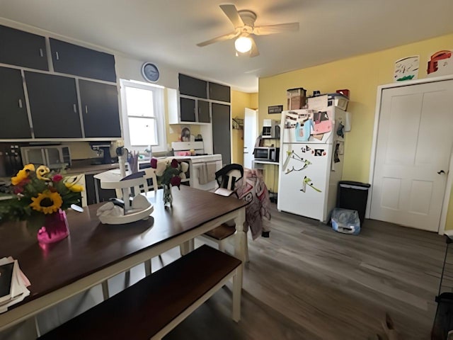 208 Dugan St S, Welcome, MN 56181 - kitchen featuring freestanding refrigerator, a ceiling fan, wood finished floors, and stainless steel microwave