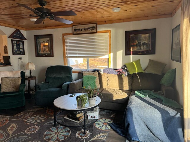 living room featuring wooden ceiling and a ceiling fan
