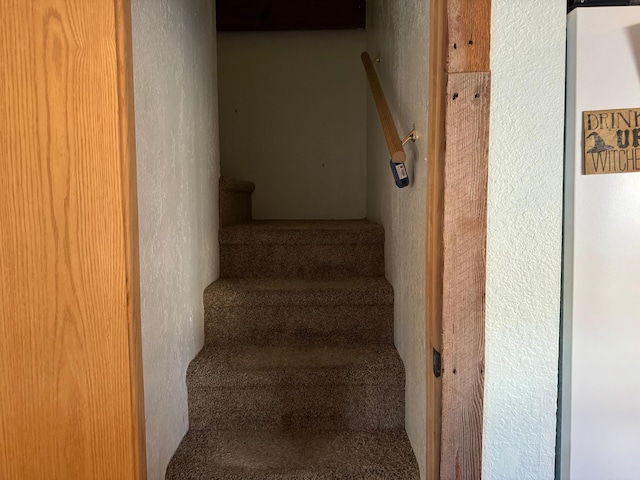 staircase with a textured wall