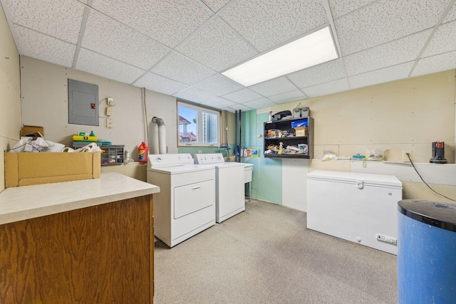 3865 Westbury Ln, Eagan, MN 55123 - laundry area featuring electric panel, washer and dryer, and light colored carpet