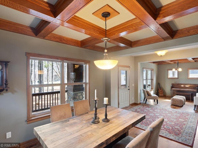 dining space with coffered ceiling, beam ceiling, and baseboards