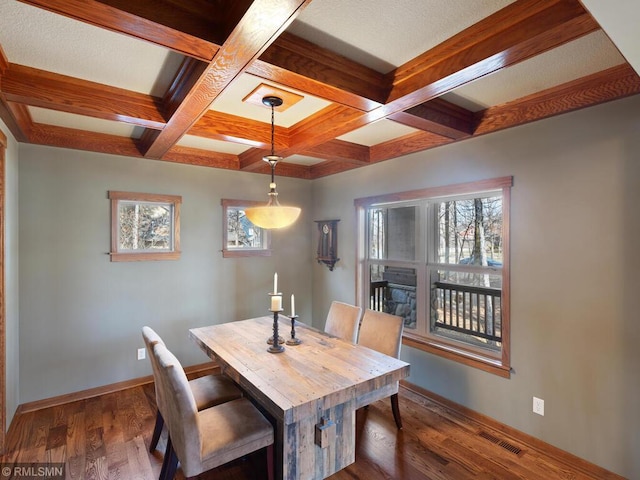 dining room with visible vents, coffered ceiling, and baseboards