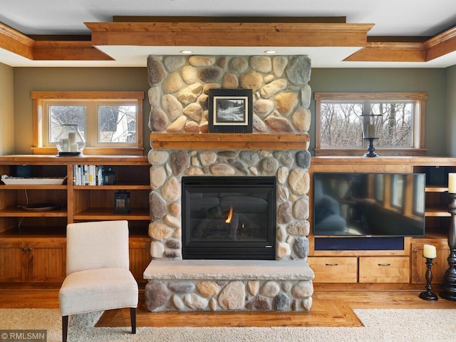 living room with wood finished floors and a stone fireplace
