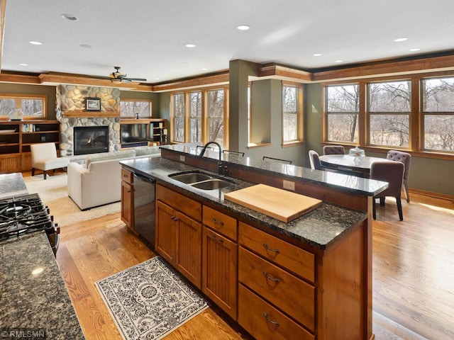 kitchen featuring ceiling fan, dishwasher, light wood finished floors, and a sink