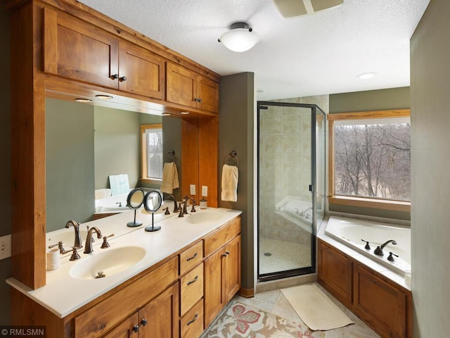 bathroom with a garden tub, a sink, a shower stall, and a wealth of natural light