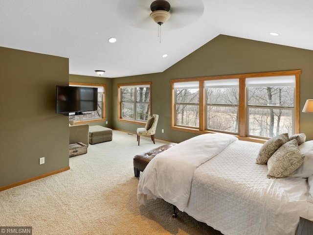 bedroom with recessed lighting, carpet floors, baseboards, a ceiling fan, and lofted ceiling