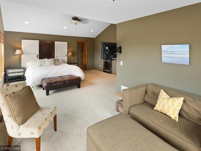 carpeted bedroom featuring recessed lighting, vaulted ceiling, and baseboards