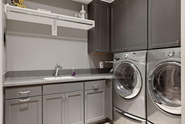 laundry room with a sink, cabinet space, and washer and clothes dryer