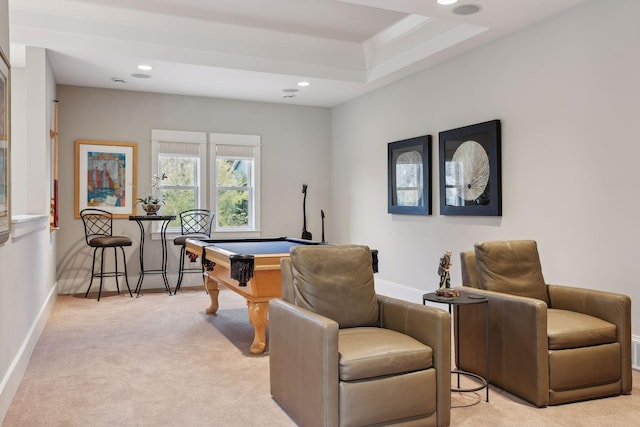 playroom featuring recessed lighting, pool table, baseboards, and carpet floors