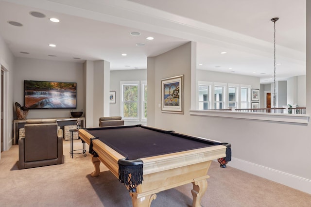recreation room with recessed lighting, pool table, light colored carpet, and baseboards