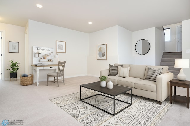 6730 70th Ave S, Horace, ND 58047 - living room with light carpet, stairs, and recessed lighting