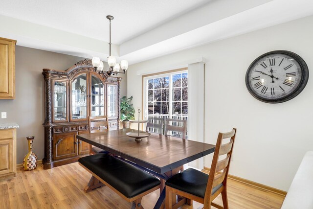 2923 124th Cir NE, Blaine, MN 55449 - dining space with a chandelier, light wood-style floors, baseboards, and a tray ceiling