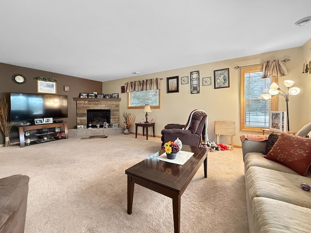 4886 Feelinrite Ln NW, Eckles Twp, MN 56601 - living room with carpet floors and a fireplace