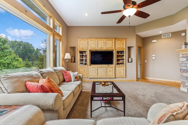 17623 Grist Ct SW, Prior Lake, MN 55372 - living room with ceiling fan, recessed lighting, baseboards, a fireplace, and light wood finished floors