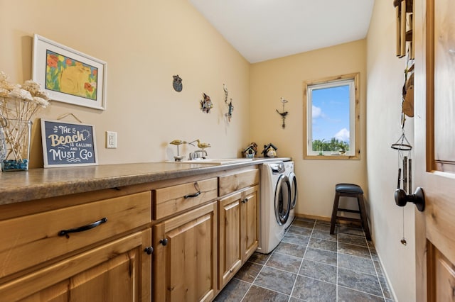 17623 Grist Ct SW, Prior Lake, MN 55372 - laundry room with cabinet space, independent washer and dryer, baseboards, and dark stone finish flooring