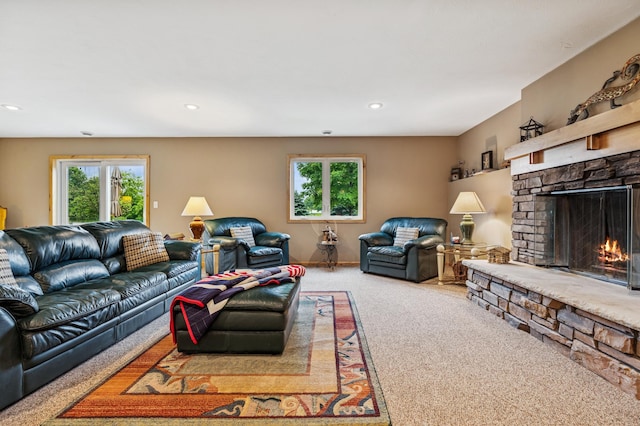 17623 Grist Ct SW, Prior Lake, MN 55372 - living room featuring carpet, plenty of natural light, a fireplace, and recessed lighting