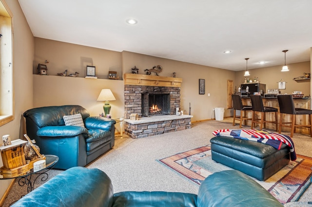 17623 Grist Ct SW, Prior Lake, MN 55372 - carpeted living room with recessed lighting and a stone fireplace
