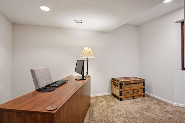 office space with visible vents, recessed lighting, carpet flooring, and baseboards