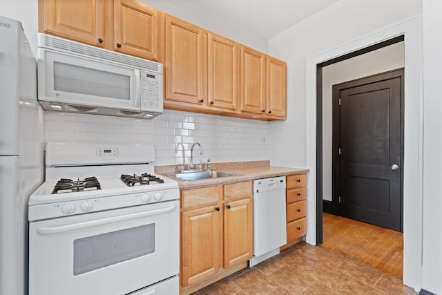 2218 Nicollet Ave Unit 22, Minneapolis, MN 55404 - kitchen featuring light countertops, a sink, tasteful backsplash, light brown cabinets, and white appliances