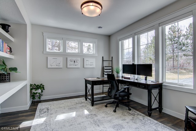 office area featuring dark wood-style floors and baseboards