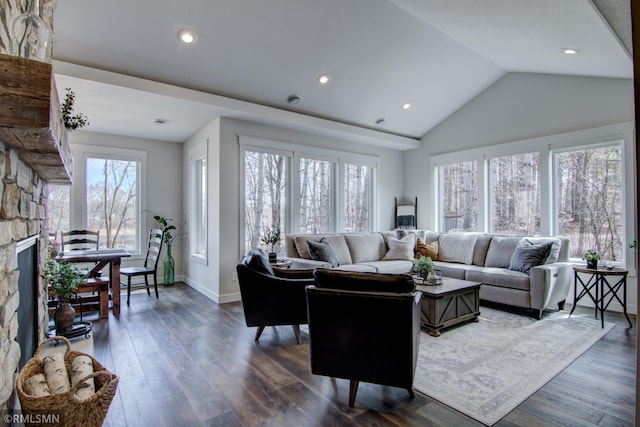 living room with a fireplace, lofted ceiling, baseboards, and dark wood finished floors